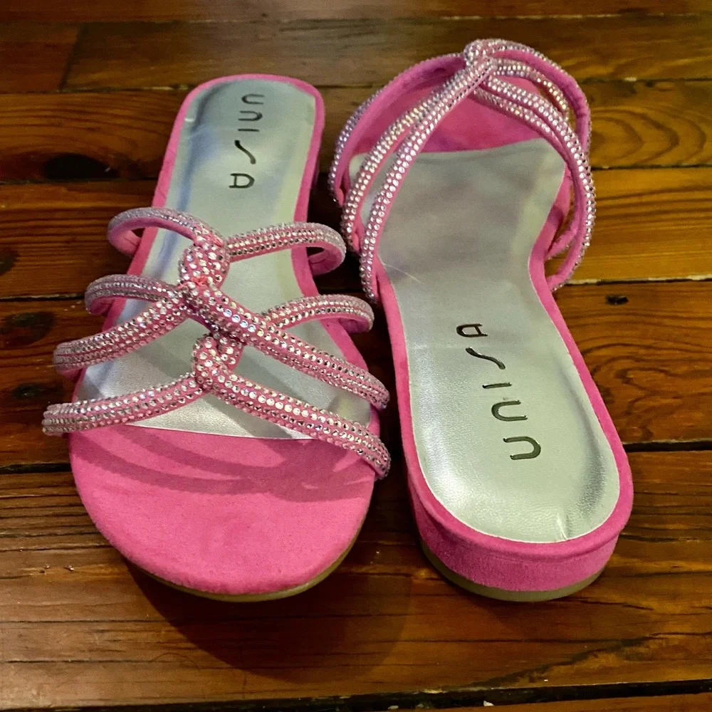 Unisa Tazz Slide Kitten Heels Strappy Sandals Pink & Silver Size 11 NWT